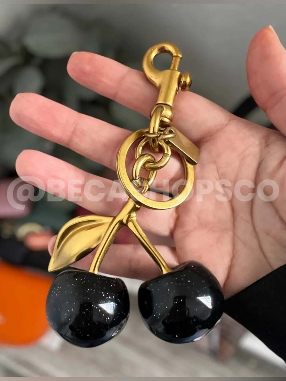 New Black Cherry Bag Charm Keychain Glitter Resin and Brass Metal